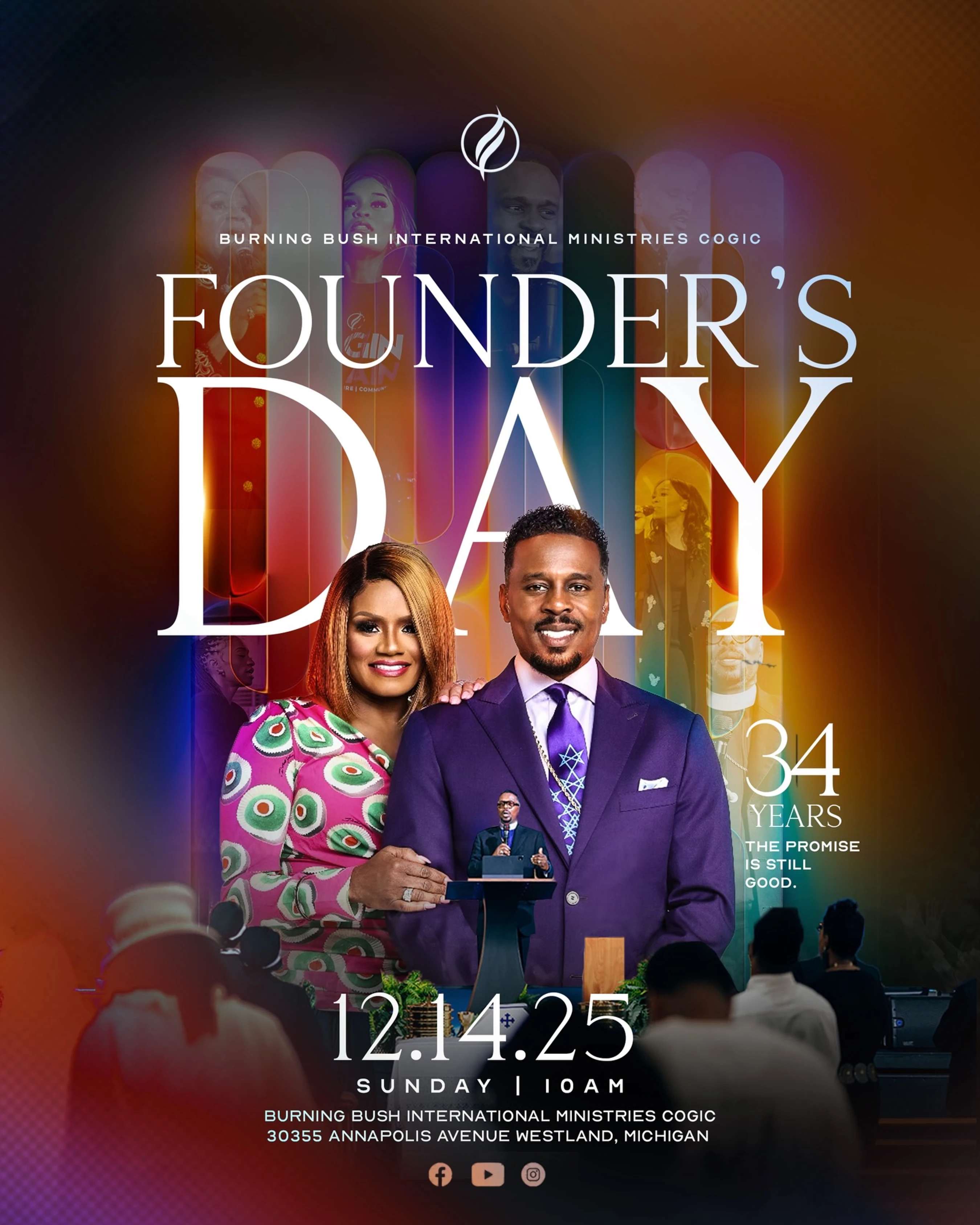 An event poster for Founder's Day. A smiling man in a purple suit and a woman in a pink patterned top are featured, celebrating 34 years of ministry.